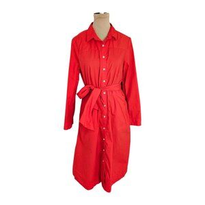 J. Crew Tie Waist Cotton Poplin Cerise Red Button Down Red Shirt Dress Sz 10